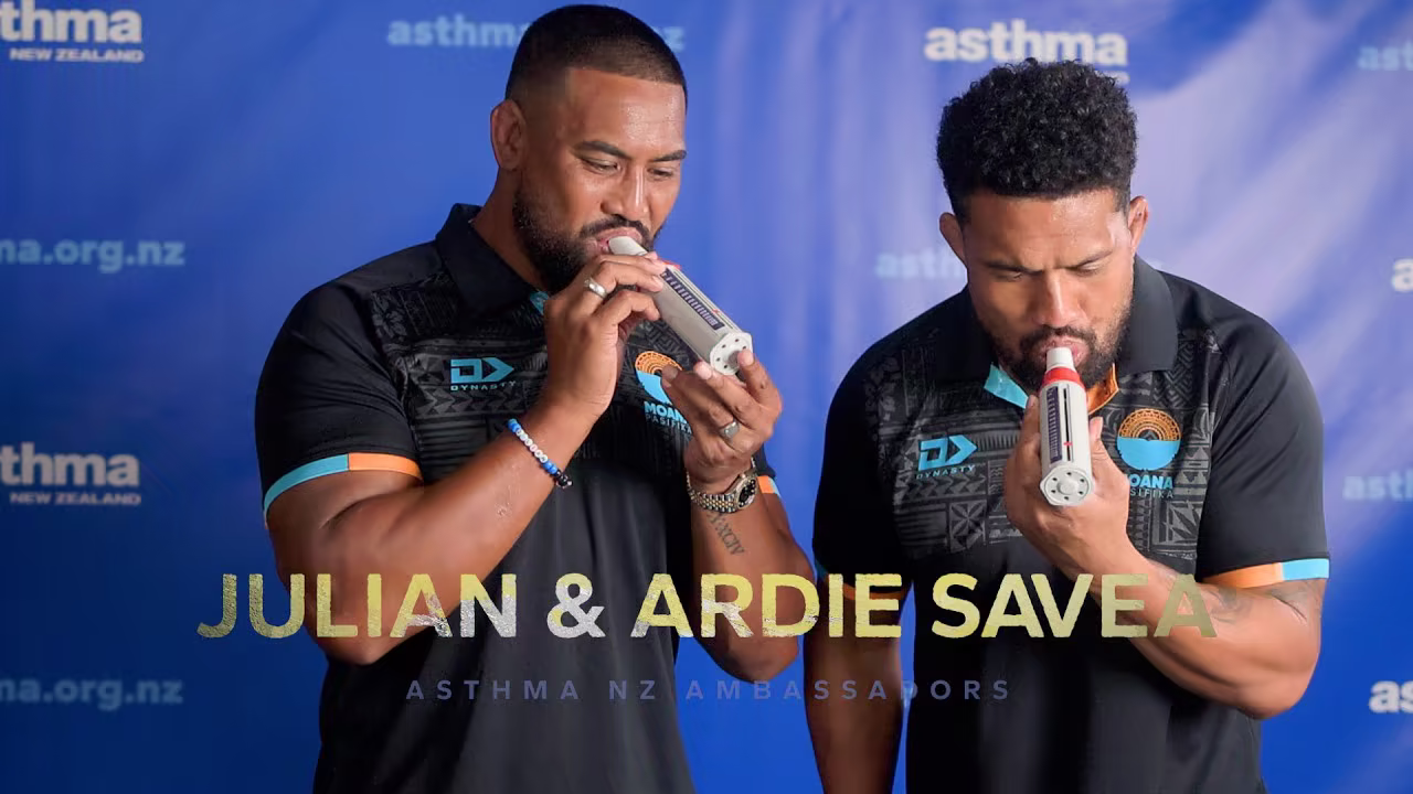 Asthma Awareness Week campaign film still with ambassadors at Eden Park